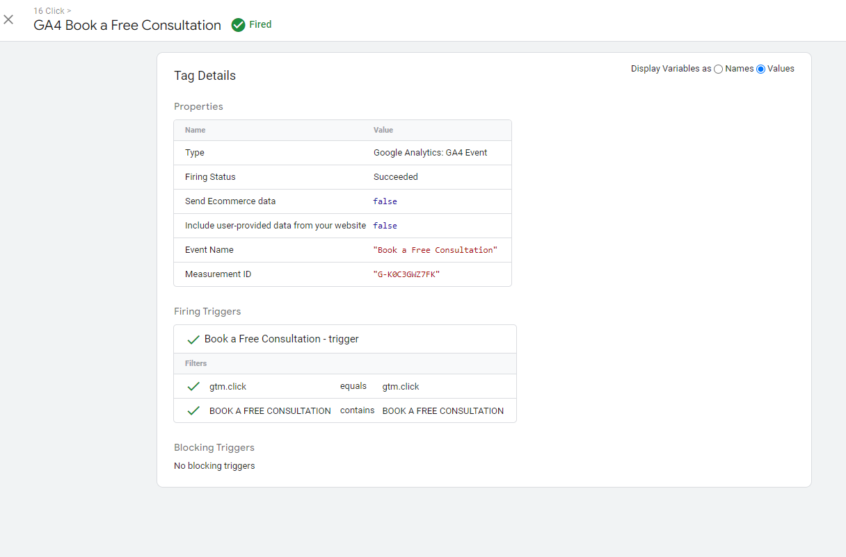 Google Tag Manager's configuration for a "GA4 Book a Free Consultation" tag, showing the selected tag type, measurement ID, and event name.