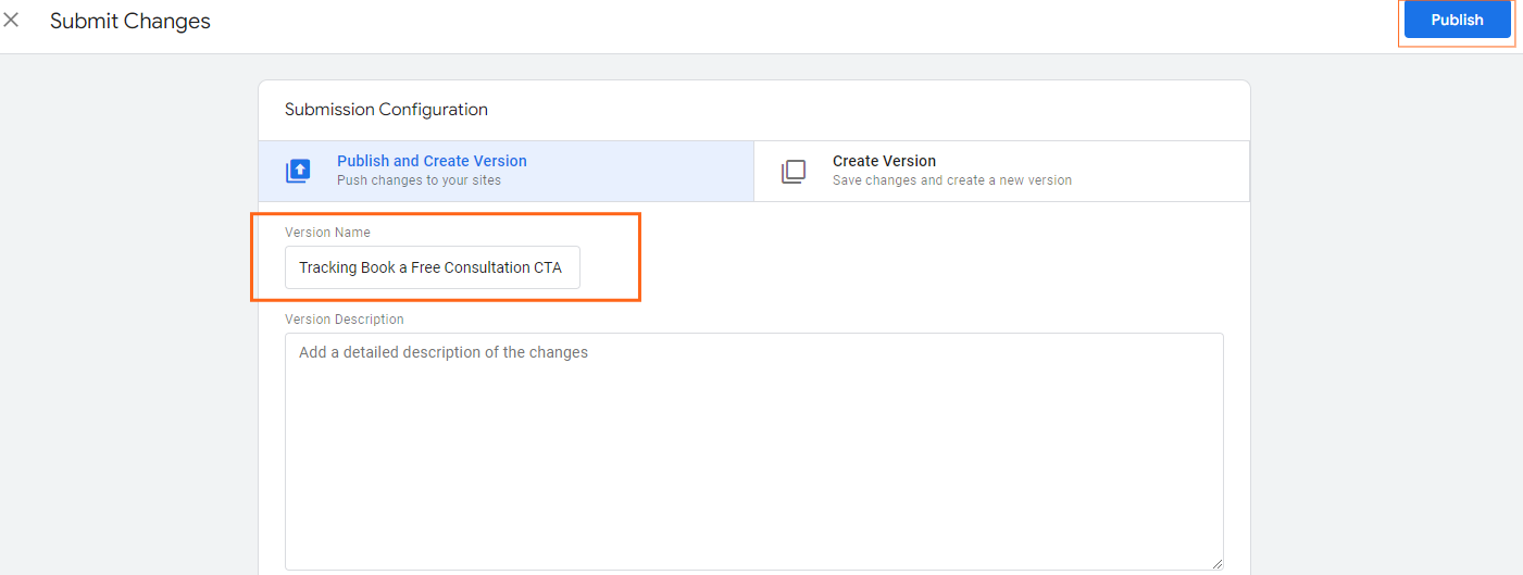 Google Tag Manager's workspace with a focus on the "Submit" button, indicating the platform's feature for deploying updates to website analytics.