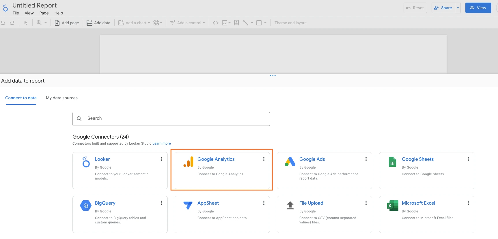 Google Looker Studio's data connection page, highlighting the "Google Analytics" connector as the selected option.