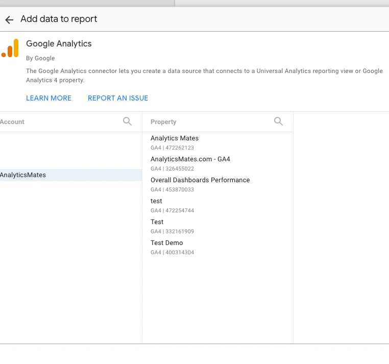 Google Analytics connector within Looker Studio, highlighting the list of available Analytics accounts and properties for connection.