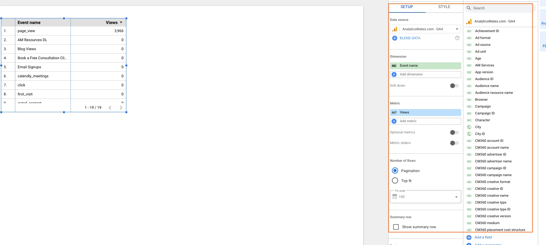 Google Looker Studio's report editing interface, showing a table with event names and views, and the right-hand panel with configuration options for the table, including data source, dimensions, metrics, and pagination.
