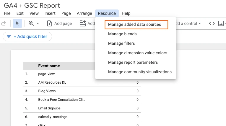 Google Looker Studio's "Resource" menu, highlighting the "Manage added data sources" option.