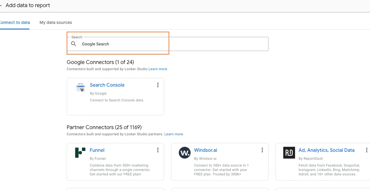 Google Looker Studio's data connection page, highlighting the search bar with "Google Search" entered, and the "Search Console" connector selected.
