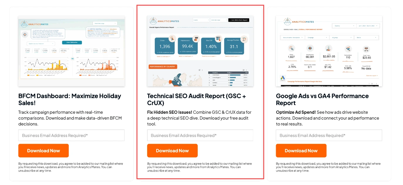 website page with three product offerings in separate boxes. The middle box, with a red outline, displays a dashboard with various data points and the title "Technical SEO Audit Report (GSC + CrUX)". The Analyticsmates logo is at the top.