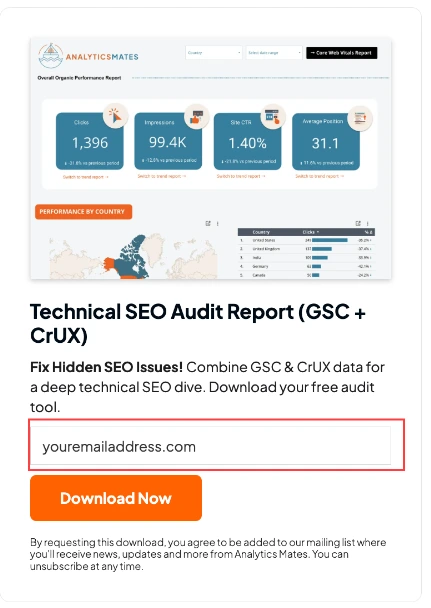 Resources page showcasing the "Technical SEO Audit Report" with data visuals and a map. An email address field and a "Download Now" button are highlighted in a red box. The Analyticsmates logo is at the top.
