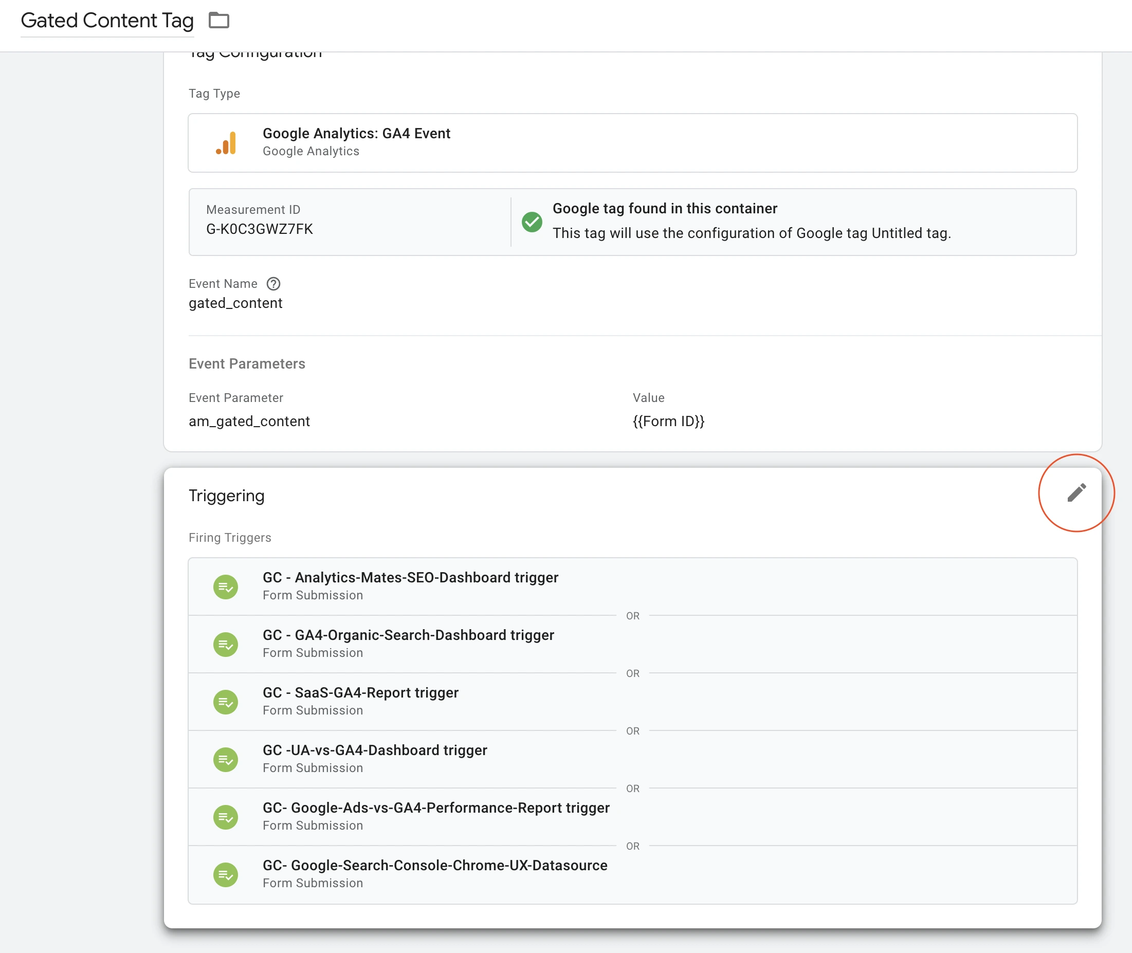 Google Tag Manager interface, displaying the "Gated Content Tag" configuration. The "Triggering" section is shown with multiple firing triggers and a highlighted edit icon in the upper right corner.