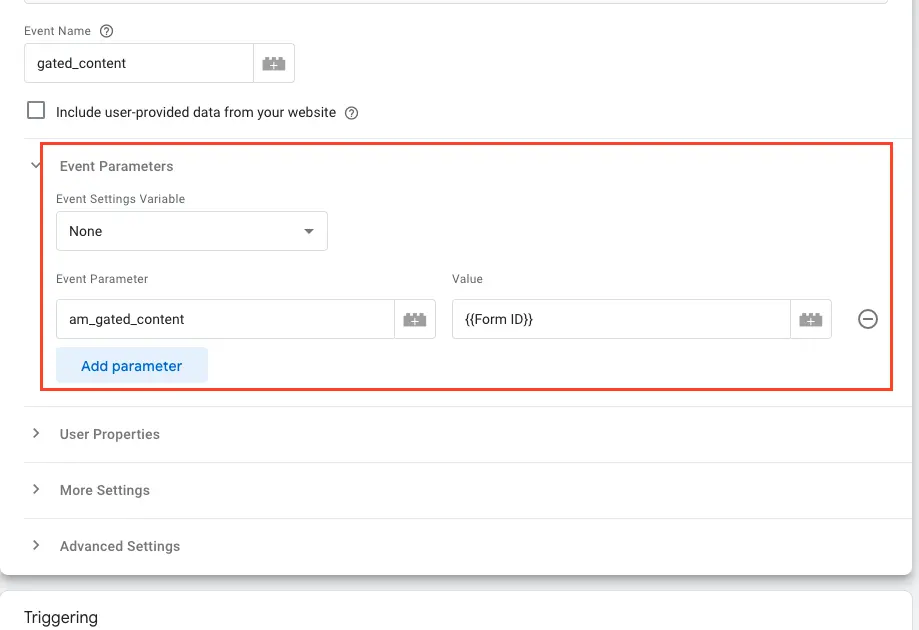 Google Tag Manager interface, with the "Event Parameters" section highlighted in a red box. It shows a parameter named "am_gated_content" with the value "{ {Form ID} }". The "Event Name" is "gated_content".