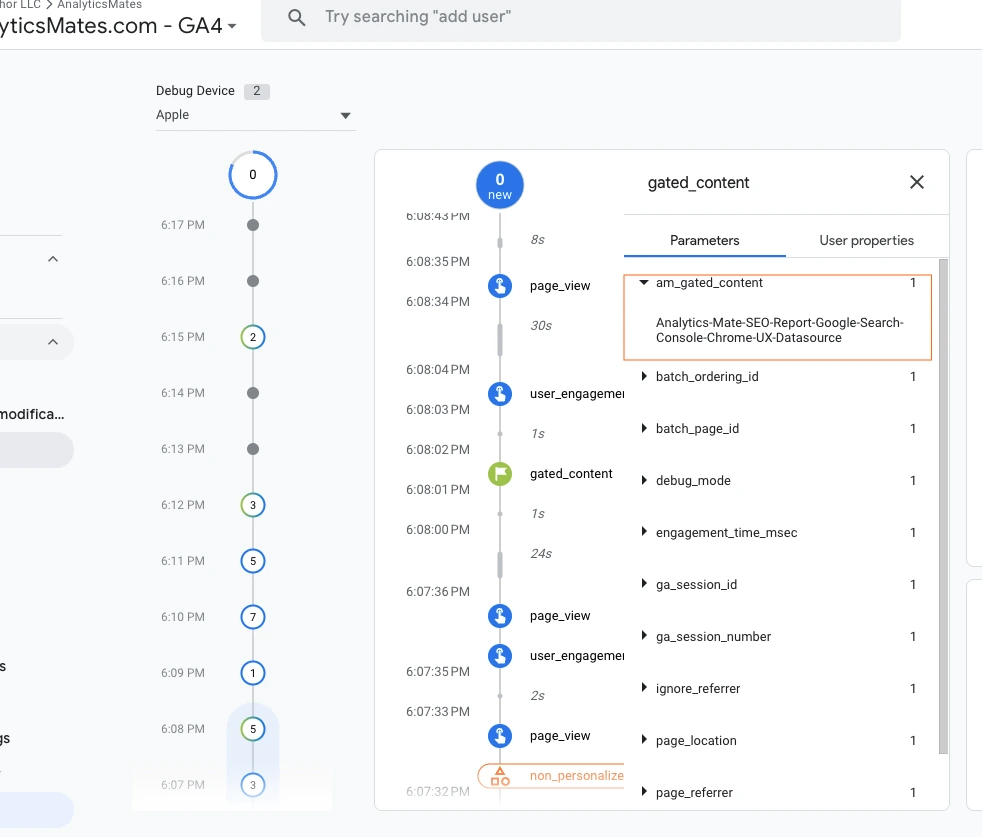 Google Analytics 4 debug view, highlighting the "am_gated_content" parameter with the value "Analytics-Mate-SEO-Report-Google-Search-Console-Chrome-UX-Datasource". The Analyticsmates website address is visible at the top.