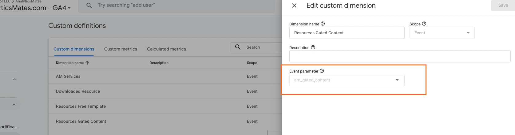 Google Analytics 4 interface, showing the "Edit custom dimension" popup. The "Event parameter" field is highlighted, displaying "am_gated_content". The Analyticsmates website address is visible at the top.