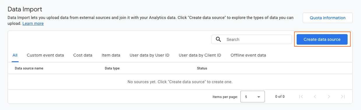 The "Create data source" button is highlighted on the Google Analytics "Data Import" page, which indicates no data sources have been created yet.