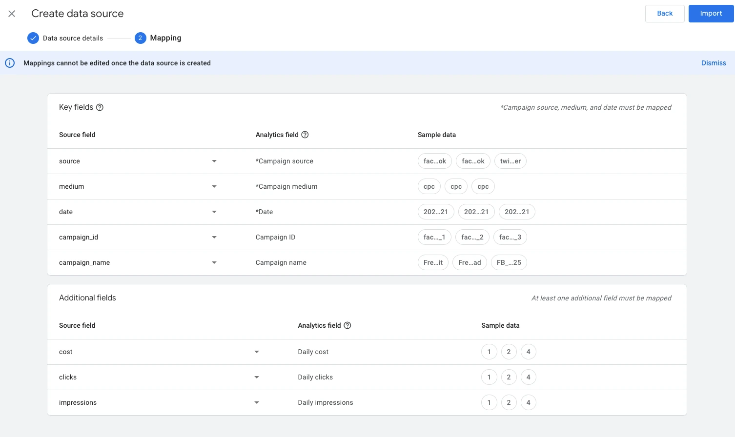 The "Mapping" step in creating a data source in Google Analytics shows fields like "Source," "Medium," and "Date" being mapped to corresponding Analytics fields.