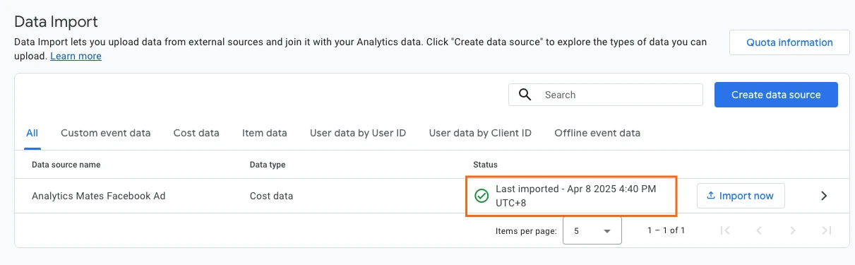 The Google Analytics "Data Import" page shows a successfully imported "Cost data" source named "Analytics Mates Facebook Ad" with the status "Last imported - Apr 8 2025 4:40 PM UTC+8".