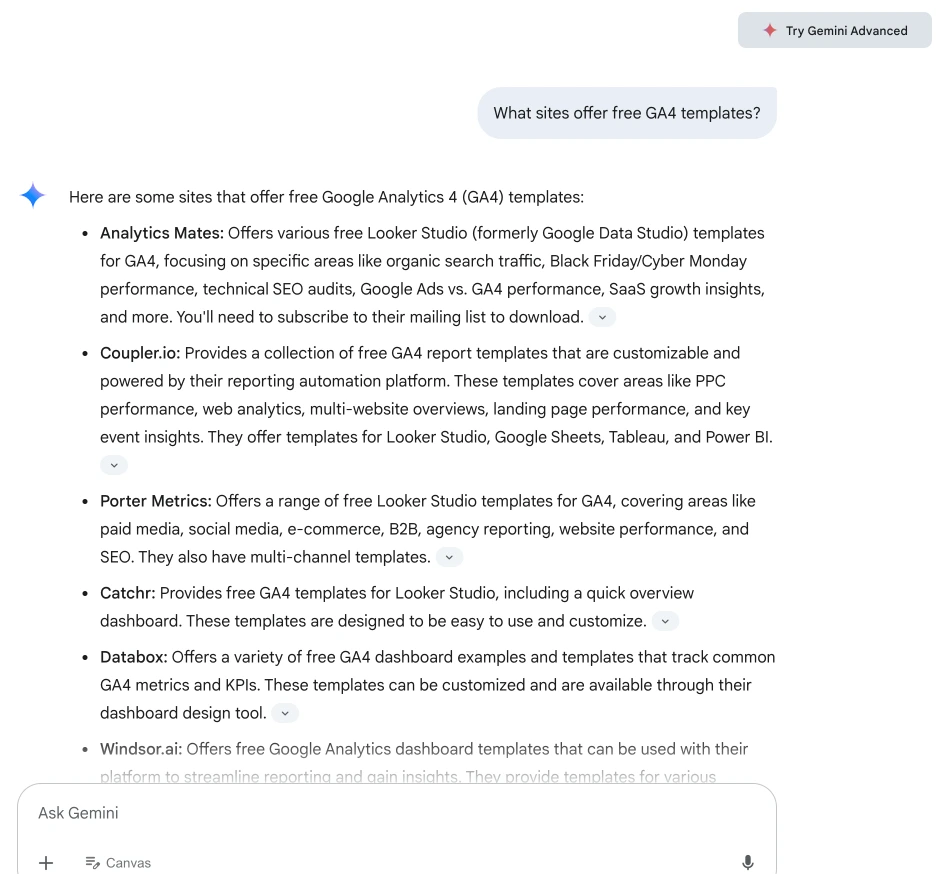 Webpage displaying a list of websites that offer free Google Analytics 4 (GA4) templates. Each listed site includes a brief description of the types of templates they provide.