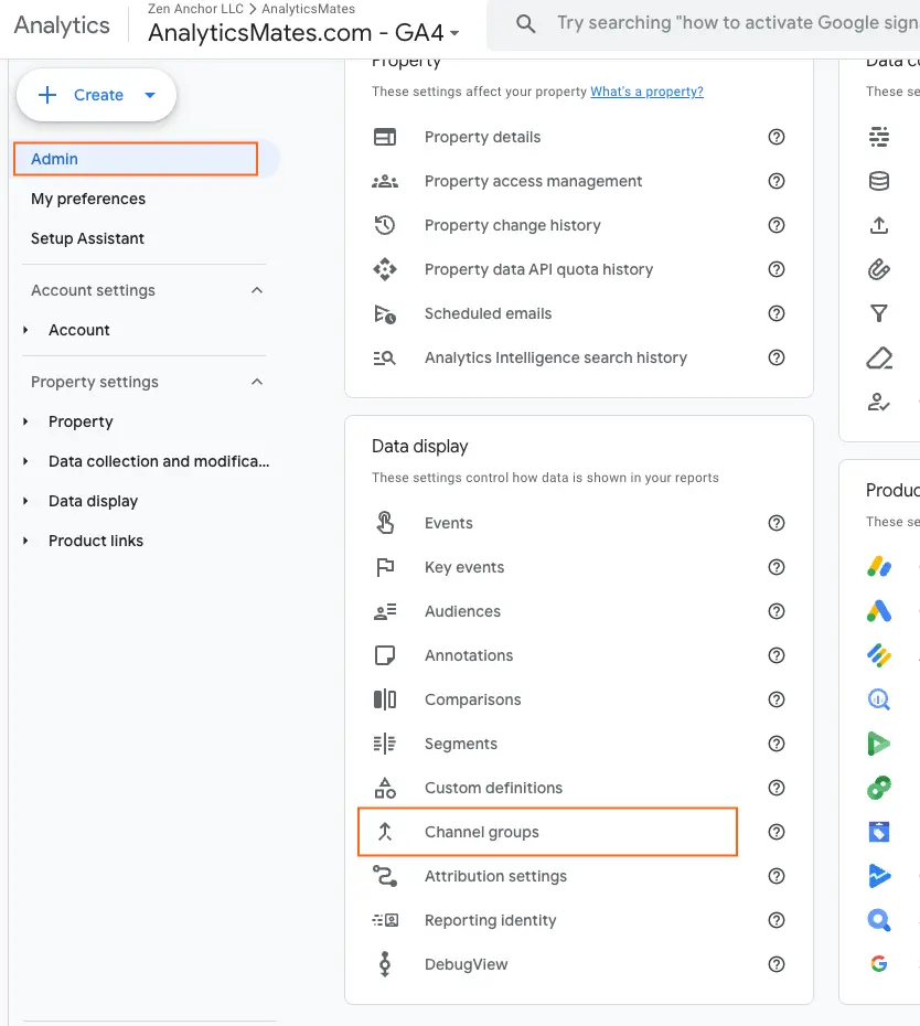 Google Analytics 4 (GA4) "Admin" settings page. The left-hand navigation menu shows various administrative sections, with "Channel groups" highlighted under "Data display." The main content area displays options related to property settings and data display configurations.