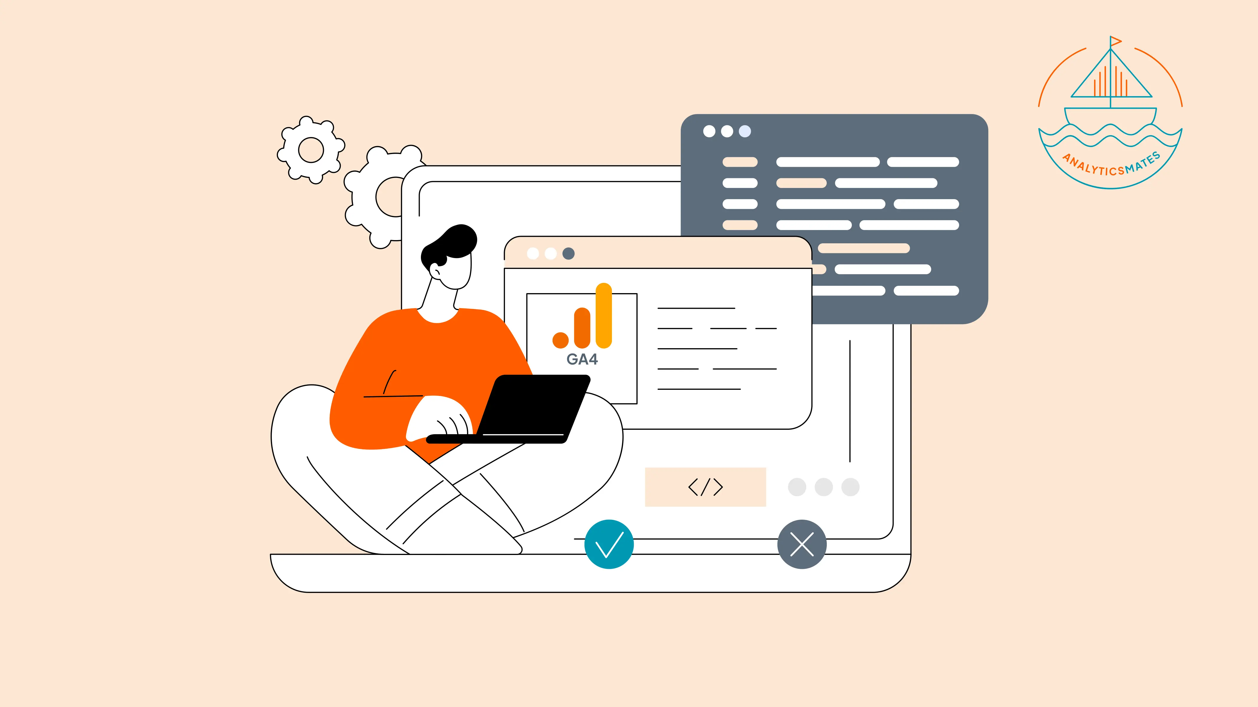 Illustration depicting the configuration or implementation of GA4 Consent Mode. A person interacts with data and code on screens, with checkmark and "X" icons representing user consent choices related to data tracking in Google Analytics 4.