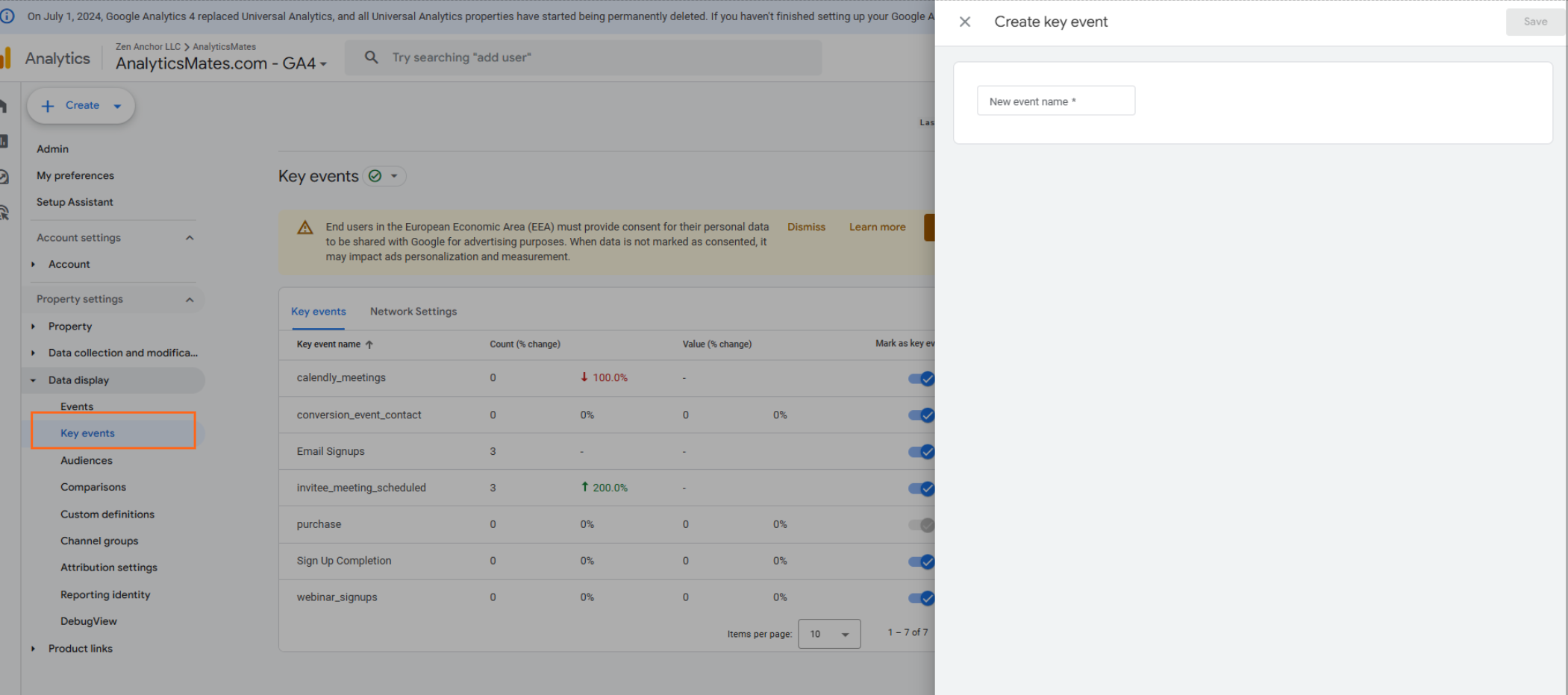 screenshot of create a new Key event directly in GA4