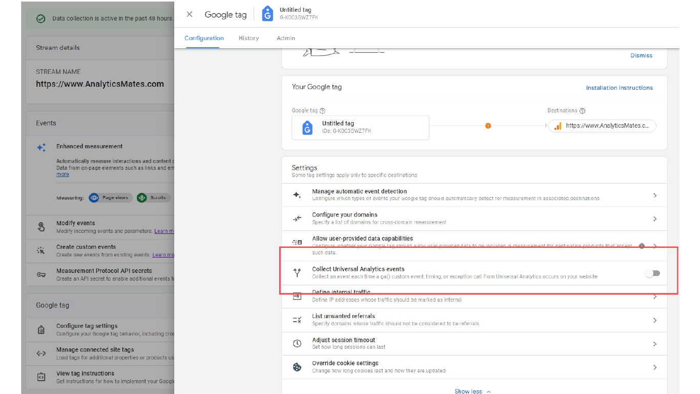 screenshot of how to Turn off Automated UA Events