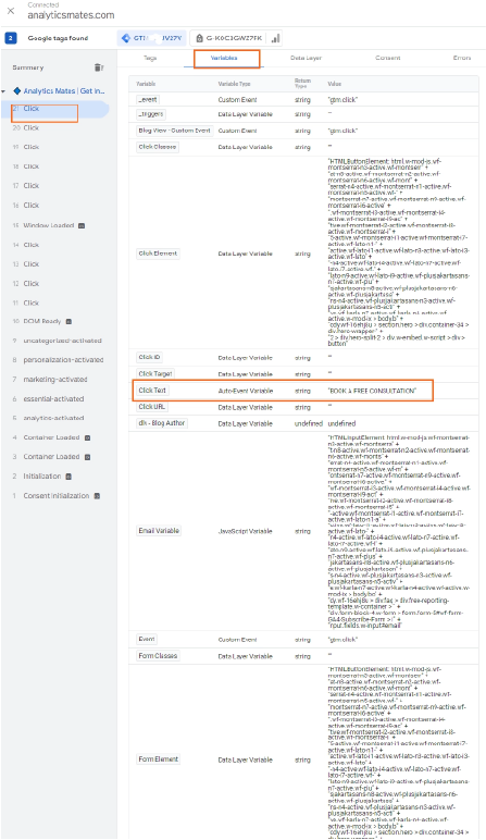 Now to get the variables for this CTA, click on the “Variables” tab. Now we need to get the variable value that we can use once we create an event tag in GTM. Here, we’re going to use the Click Text variable with the value “BOOK A FREE CONSULTATION”.