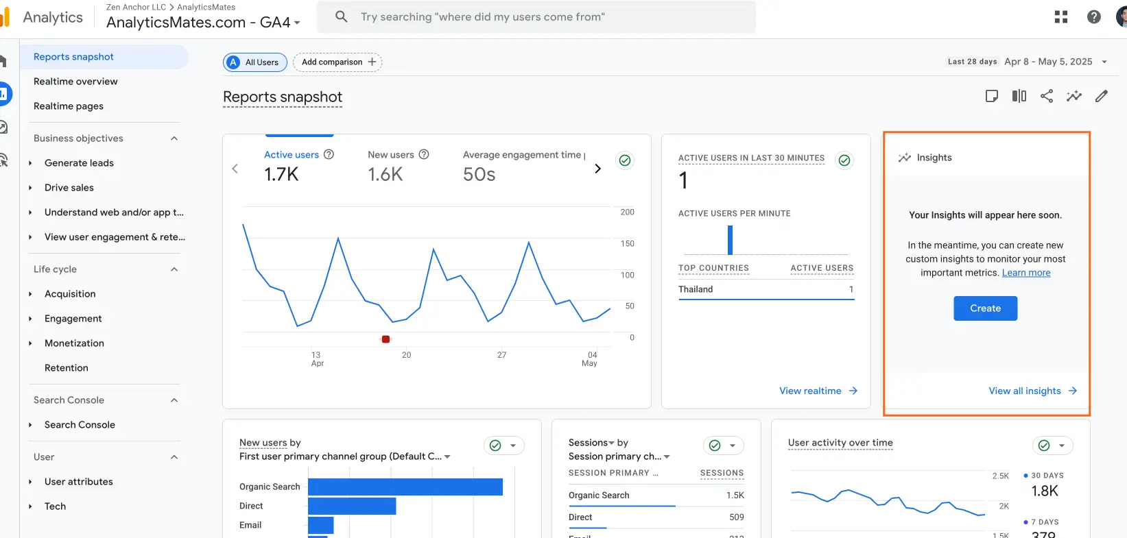 Google Analytics 4 "Reports snapshot" showing key metrics and a highlighted "Insights" panel indicating that insights will appear soon and offering a "Create" button for custom insights.