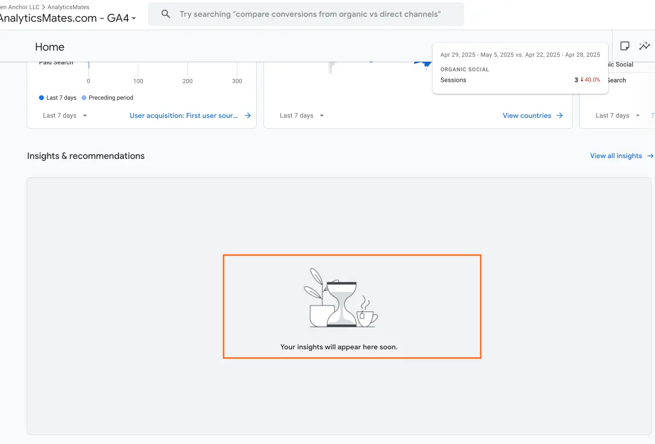 Google Analytics 4 homepage with an "Insights & recommendations" section displaying a placeholder message: "Your insights will appear here soon.
