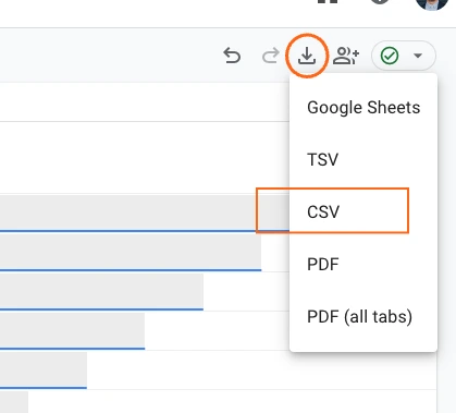 A dropdown menu for downloading a file, with the "CSV" option highlighted.