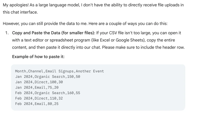 Gemini response to a prompt about monthly key event data per GA4 Channel.