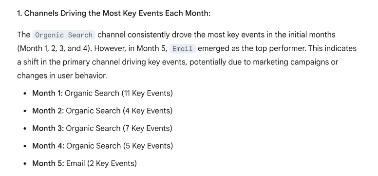 A list titled "Channels Driving the Most Key Events Each Month," detailing the top-performing channels and their key events for five months.