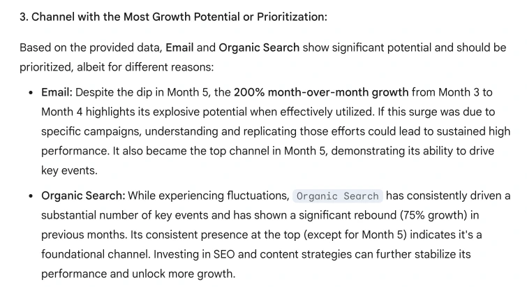 A section titled "Channel with the Most Growth Potential or Prioritization," detailing the potential of Email and Organic Search based on provided data.