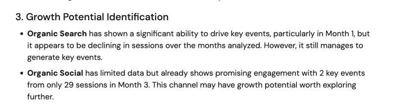A section titled "Growth Potential Identification" discussing the performance and potential of Organic Search and Organic Social channels.