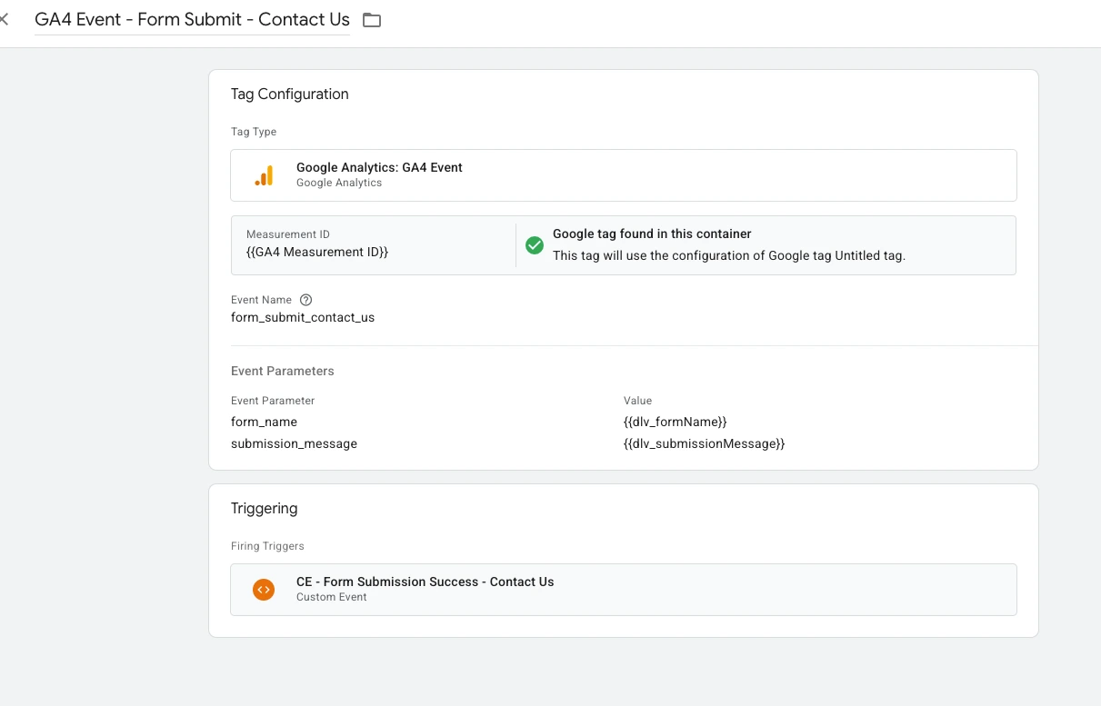 Google Tag Manager setup for a GA4 event named 'form_submit_contact_us'. It sends 'form_name' and 'submission_message' as parameters, triggered by a 'Form Submission Success' custom event.