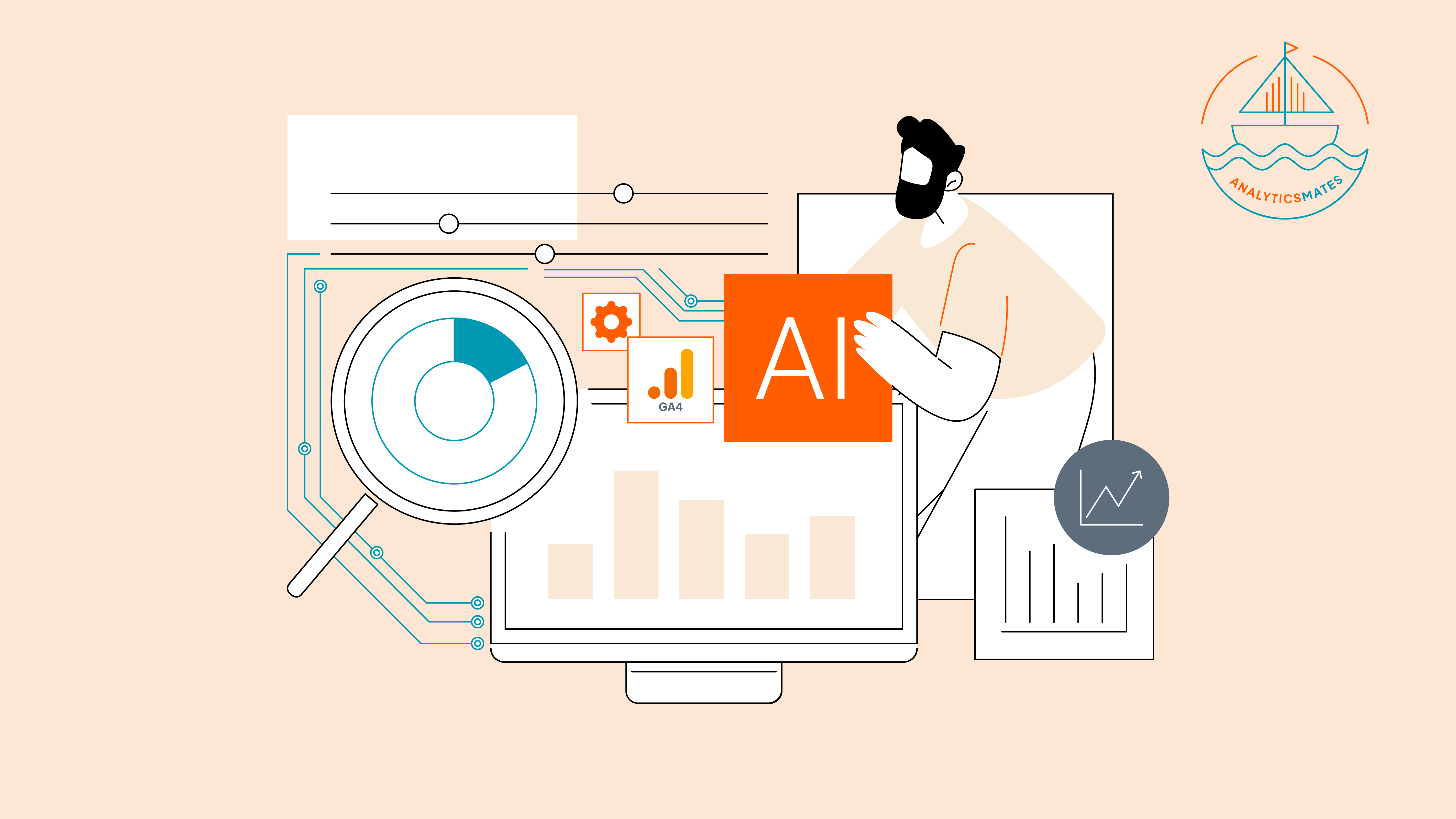 Illustration of a digital analyst using AI and GA4 tools to interpret data insights, emphasizing the integration of artificial intelligence in analytics.