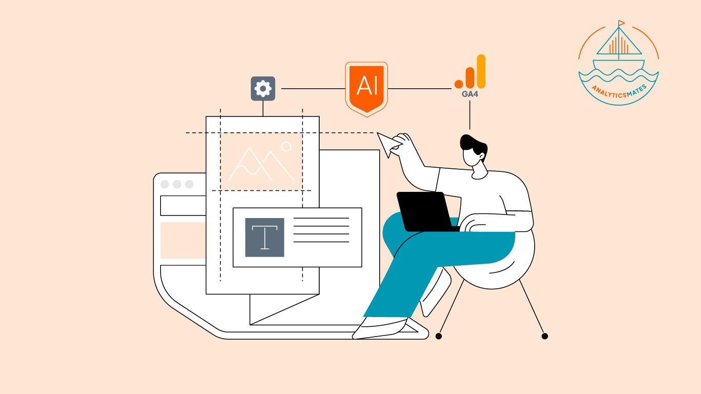 Illustration of a person using a laptop with AI and GA4 icons connected to content elements, symbolizing data-driven SEO content creation.