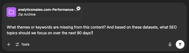 User prompt submitted to an AI tool, asking for missing themes or keywords and SEO focus areas for the next 90 days based on dataset analysis.