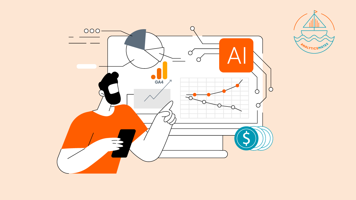  An illustration depicting a marketer reviewing AI-powered reporting and GA4 data, symbolizing that AI insights are only valuable with clean data.