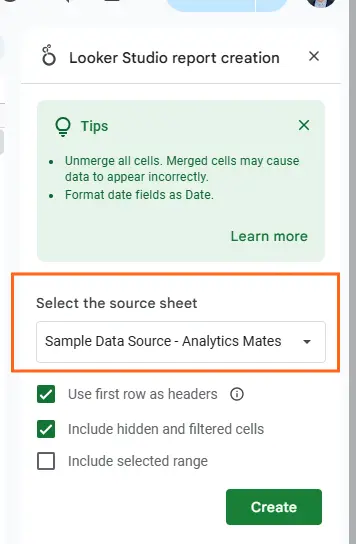 An step in Looker Studio report creation interface, showing the user selecting a data source from a dropdown menu.