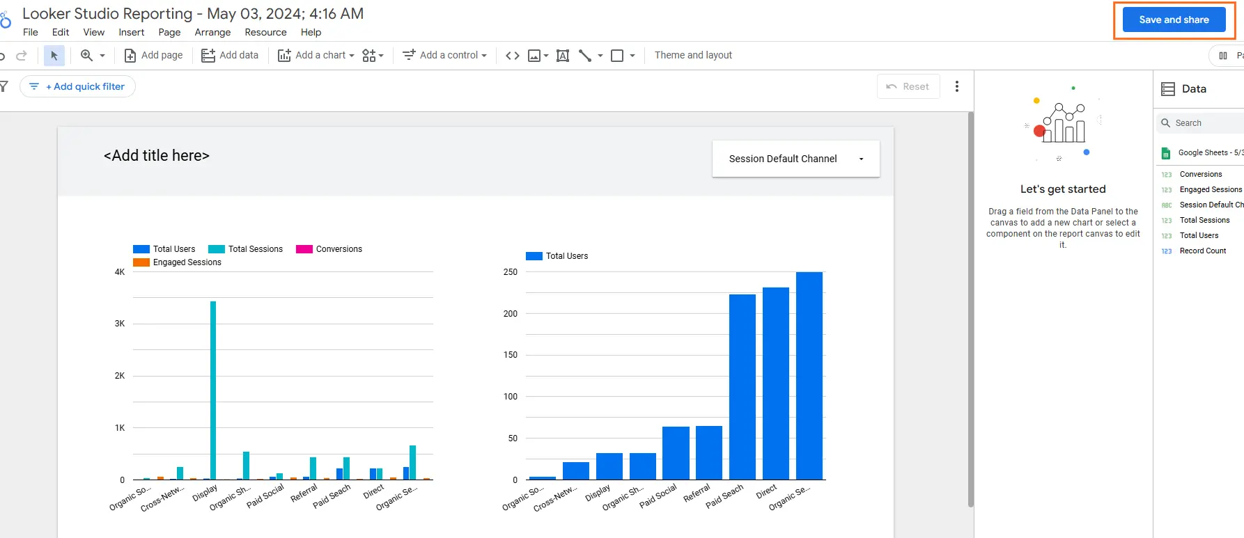 A Looker Studio report displaying two bar charts that show user and conversion data broken down by different traffic channels.