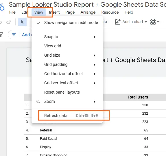 Looker Studio interface, showing how to refresh data by selecting the "Refresh data" option from the "View" menu.