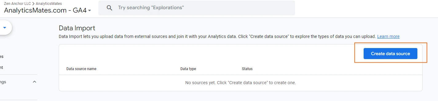 Google Analytics 4 "Data Import" page, with the "Create data source" button highlighted.