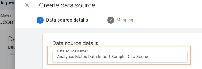 Google Analytics "Create data source" window, showing the user entering a name for the new data source.