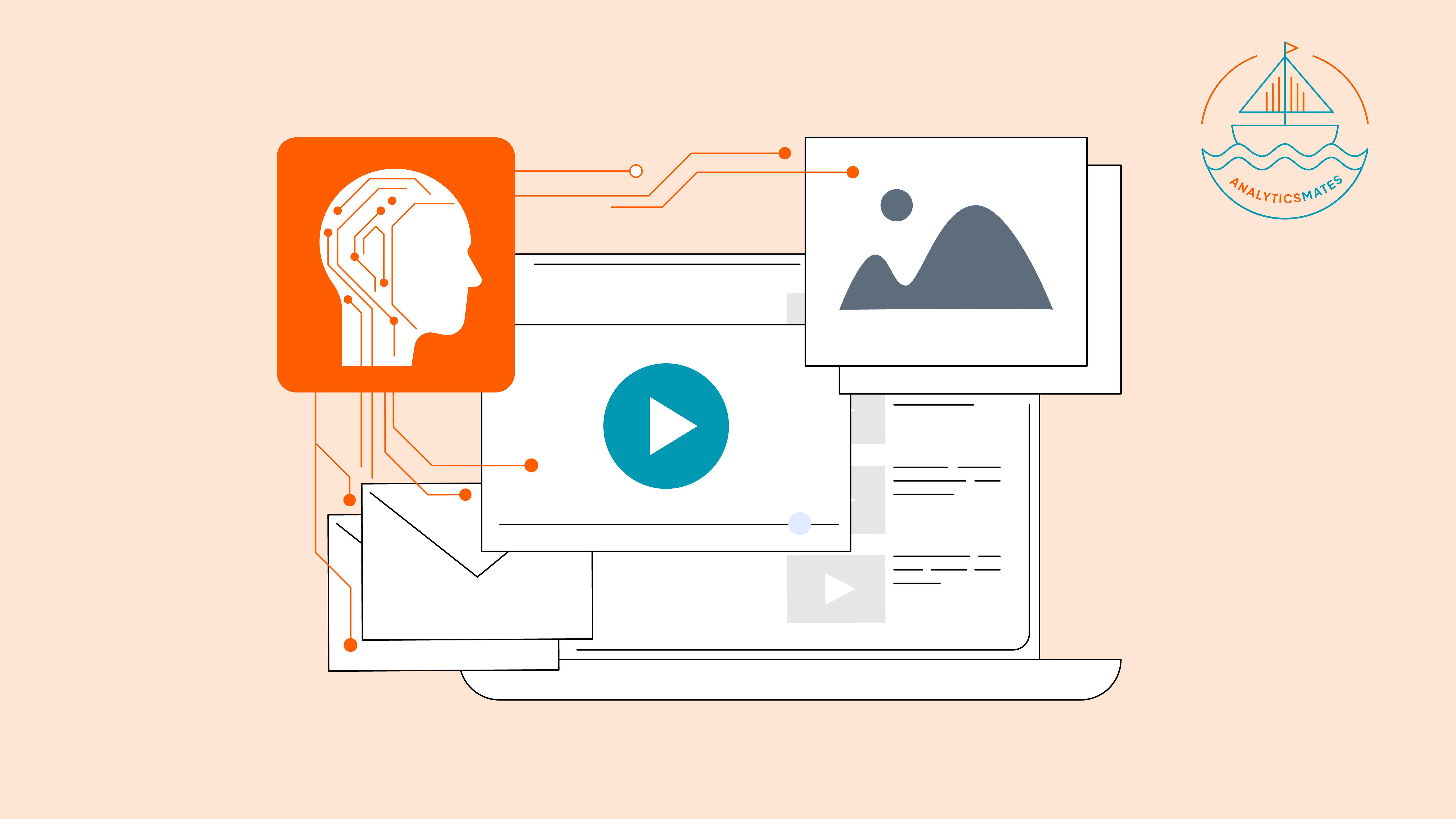 Abstract illustration showing AI-generated content elements like text, video, and images, representing AI's role in shaping search results.