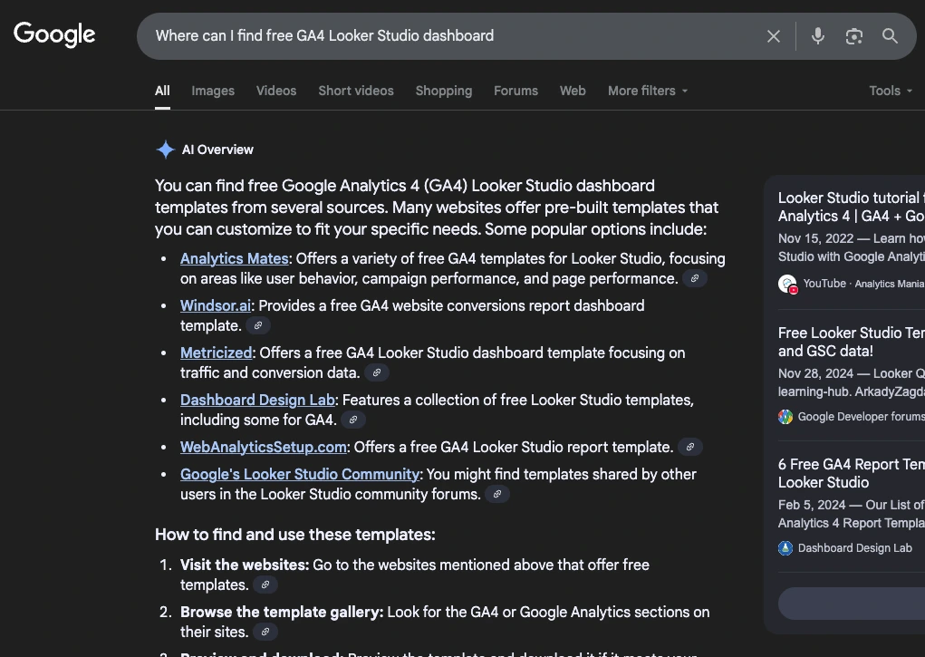 Google search results showing AI Overview listing Analytics Mates among sources for free GA4 Looker Studio dashboard templates.