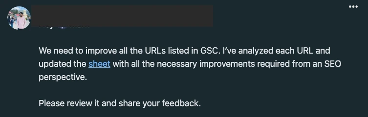 Message confirming completion of SEO improvements for URLs listed in Google Search