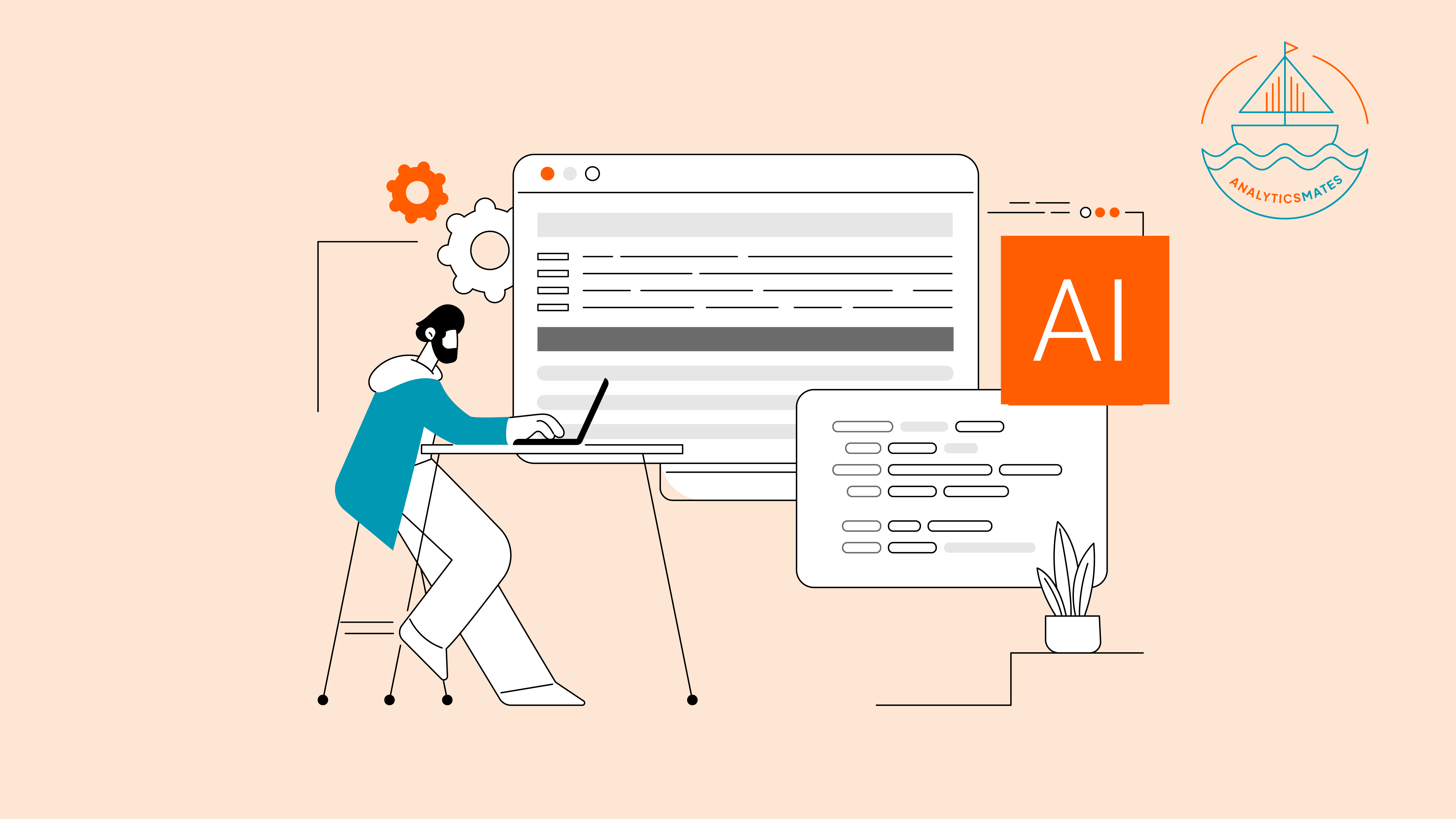 Illustration of a person working on a laptop alongside AI elements and code, symbolizing technical SEO improvements.