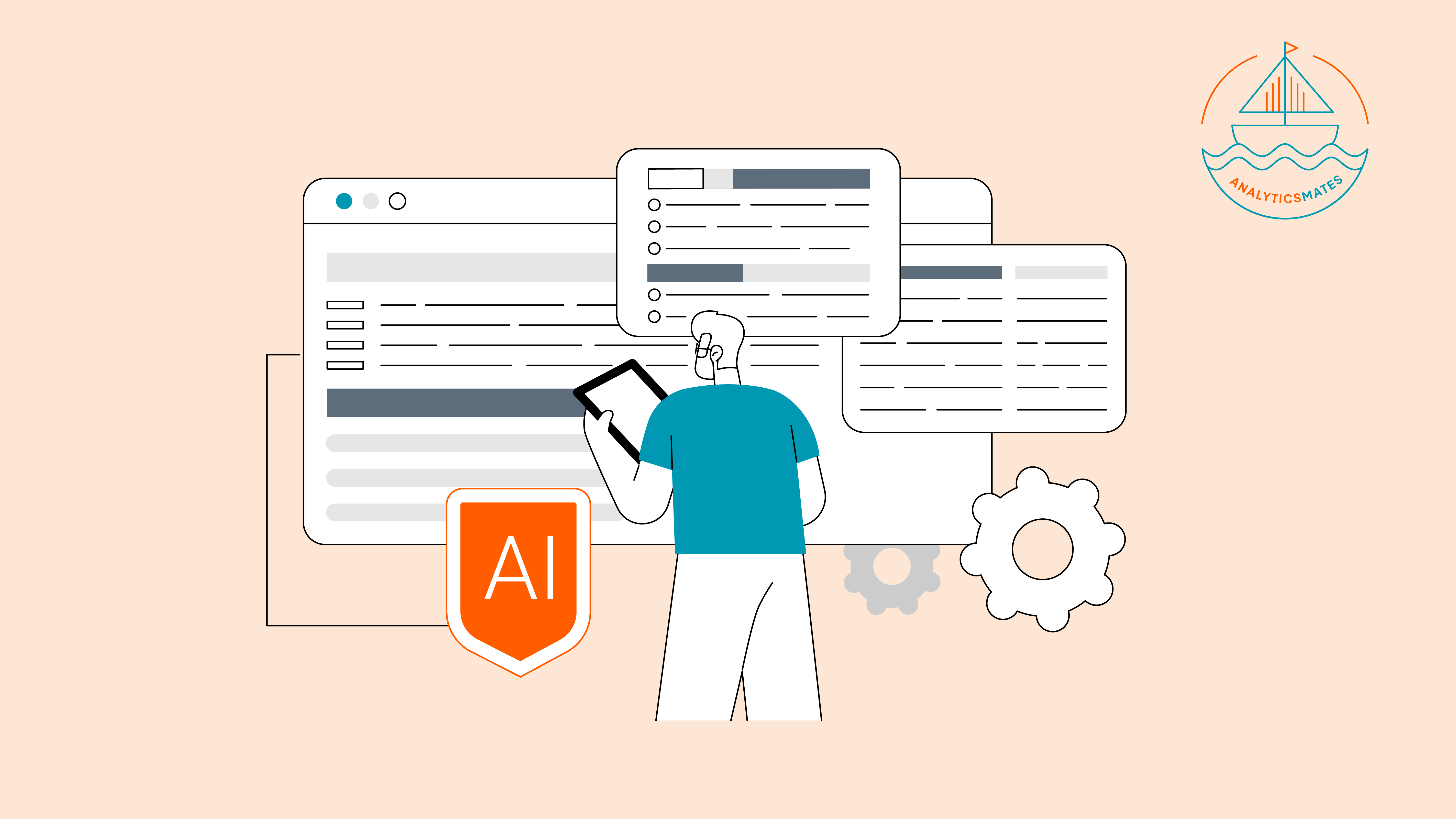 Illustration of a person reviewing structured content with AI assistance, representing content strategy and optimization.
