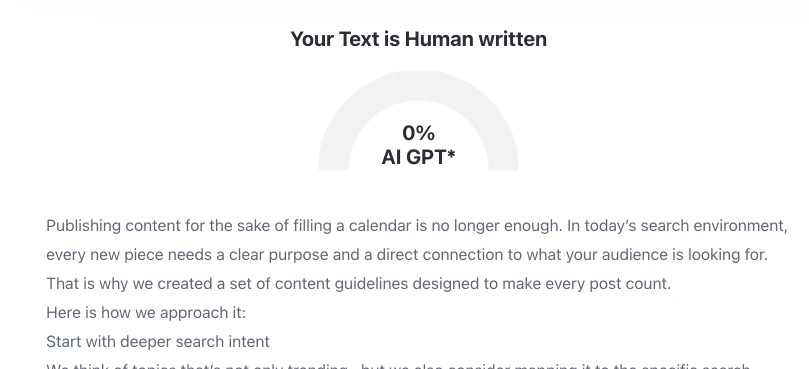 Content analysis result showing 0 percent AI-generated text, indicating fully human-written content.