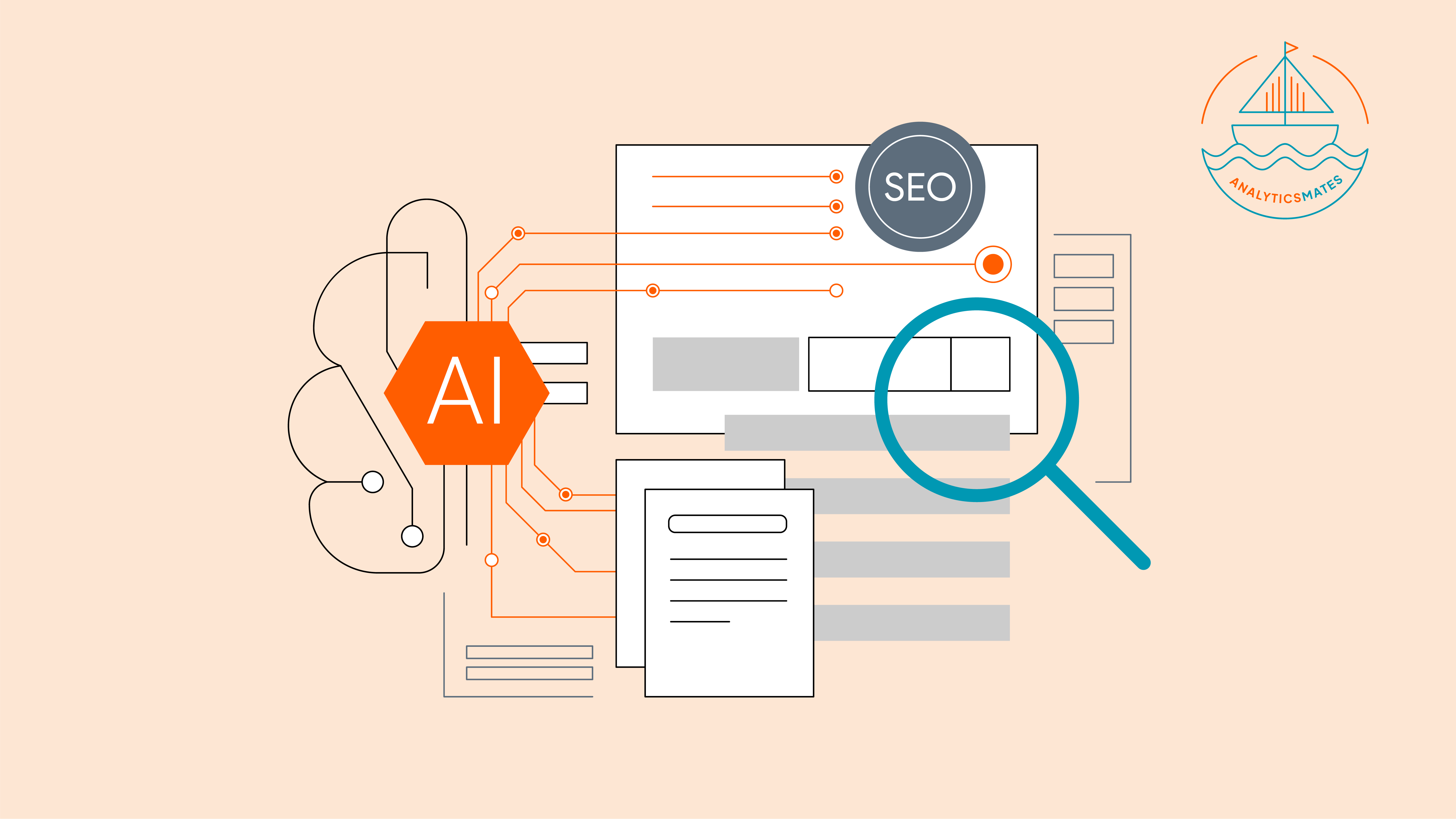Illustration of AI and SEO analysis tools with a magnifying glass, symbolizing continuous monitoring of search performance.