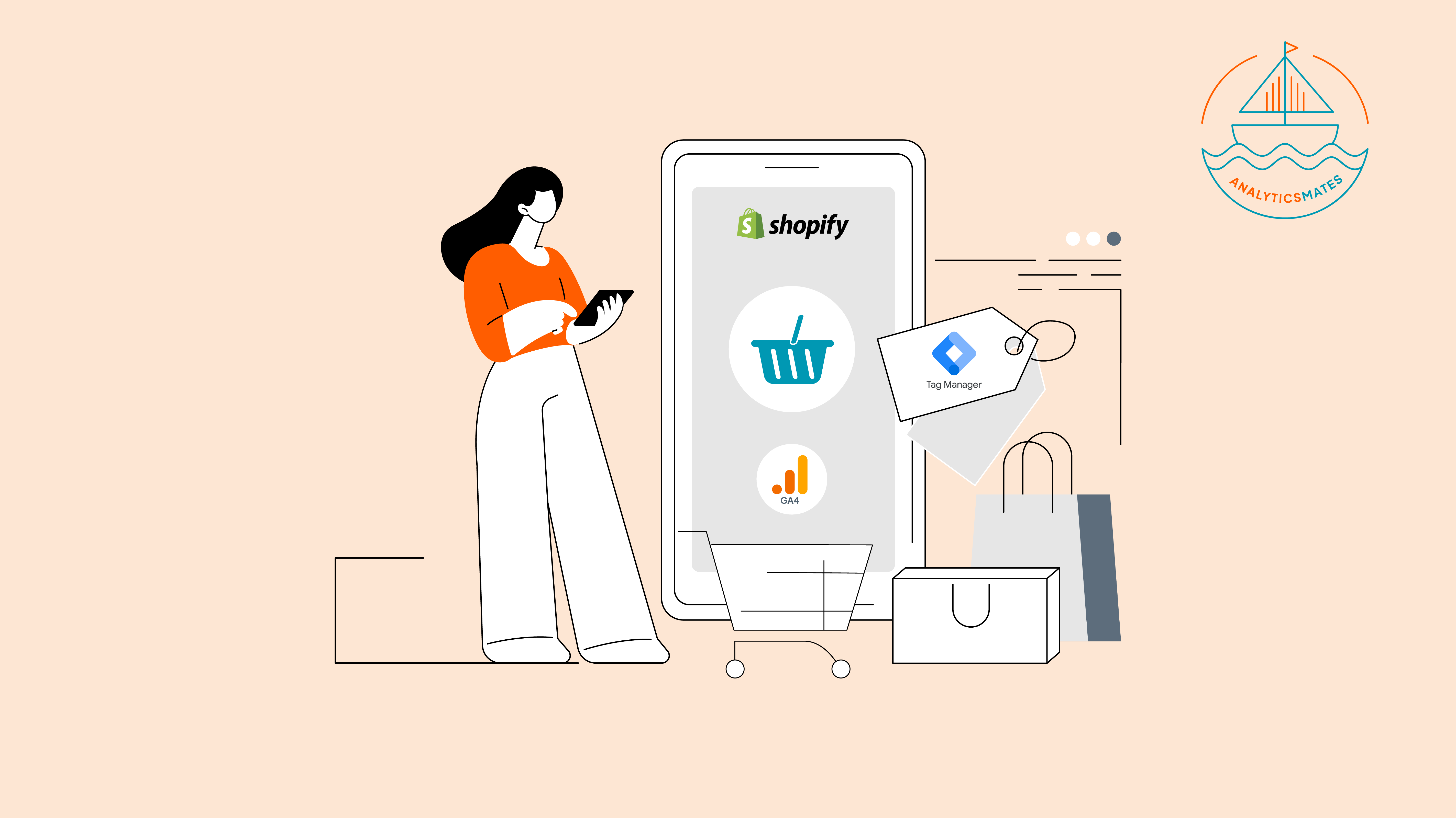 ustration of a shopper beside a phone showing Shopify, GA4, and Google Tag Manager icons to represent integrating tracking for an online store.