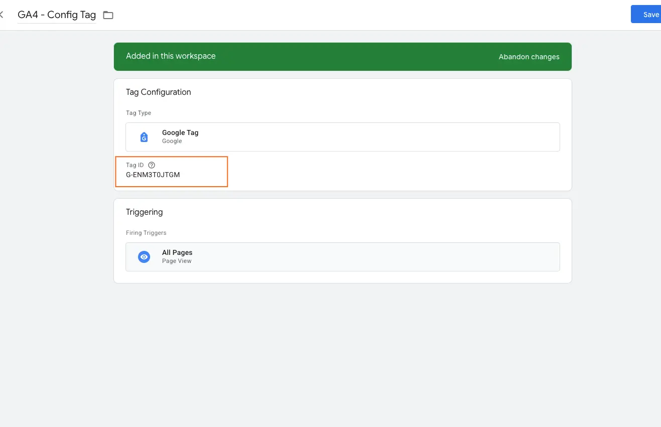 Google Tag Manager configuration for a GA4 tag showing the Tag ID field populated and the trigger set to All Pages to enable sitewide tracking.