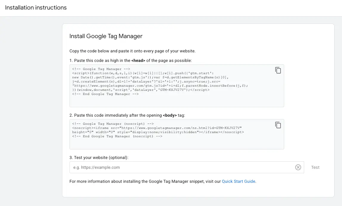 Google Tag Manager installation panel with the script for the head and the noscript snippet for after the opening body tag, indicating where to paste the container code.