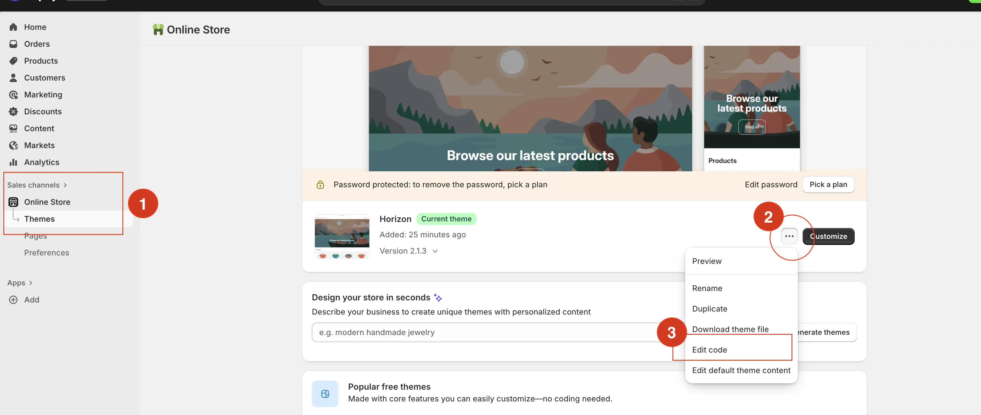 Shopify admin showing the path Online Store → Themes with the theme menu open and Edit code selected to insert tracking snippets.